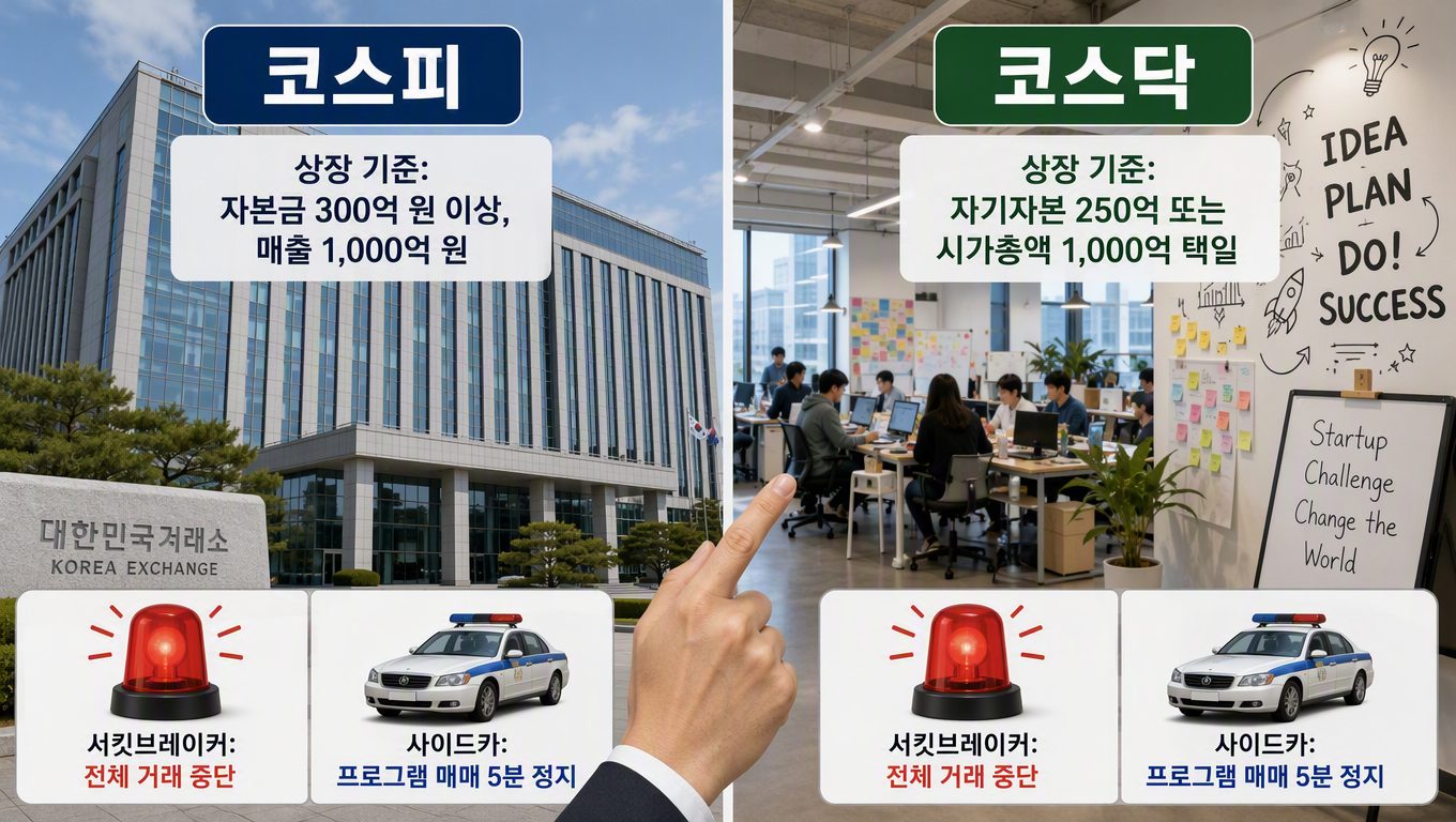 사이드카와 서킷브레이커의 차이점이 무엇인가요? 코스피 코스닥 차이